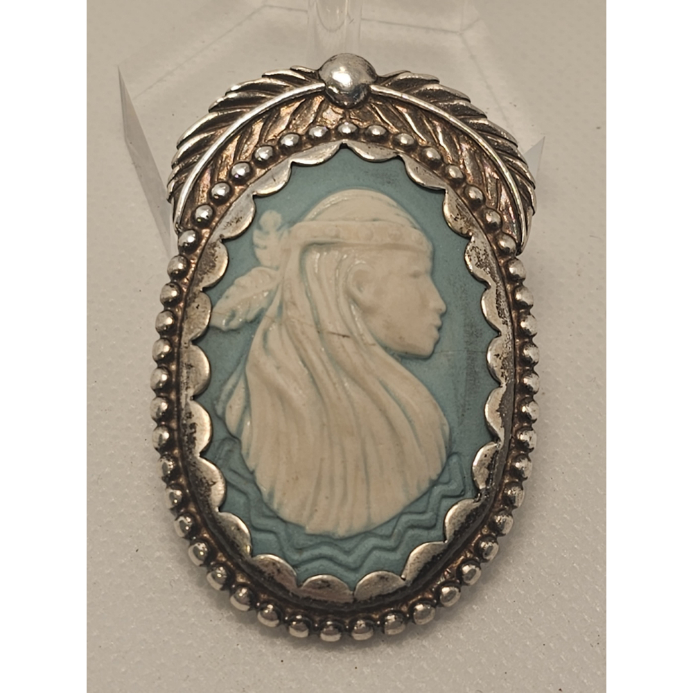 Signed Carolyn Pollack Native American sterling blue cameo brooch pendant